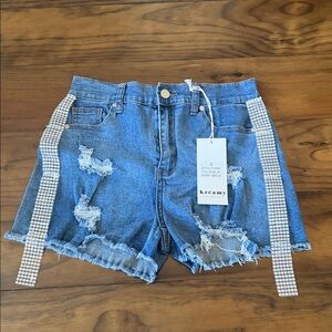 Kreamy Blue Distressed Denim Shorts with Rhinestone Side Straps